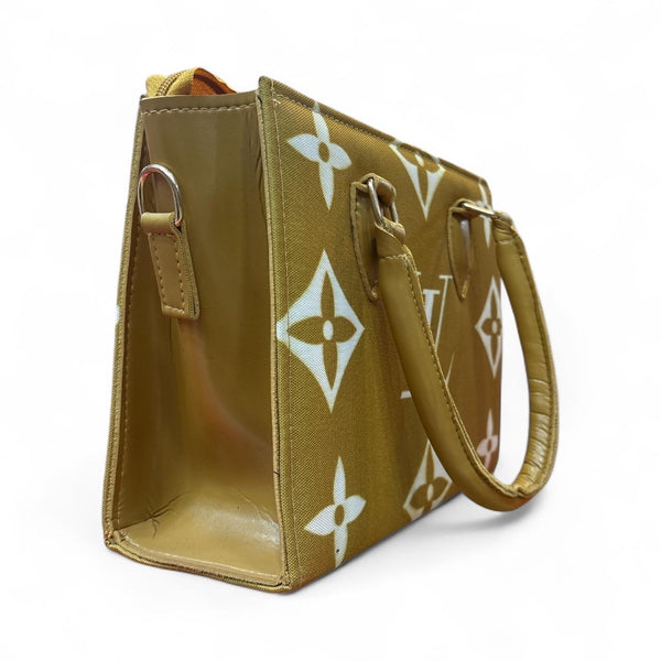 Zarrah Monogram Mini Structured Monogram Print Tote Bag in Olive Gold