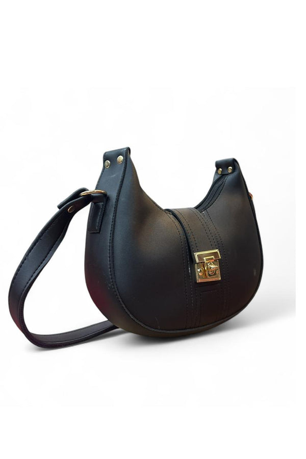 Noir Arc Women's Black Crescent Shoulder Bag with Gold Lock Detail